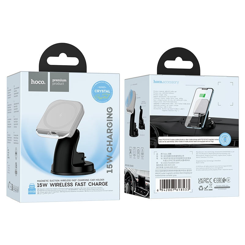 Hoco HW18 Crystal Magnetic Wireless Fast Charging Dash Car Holder Gray