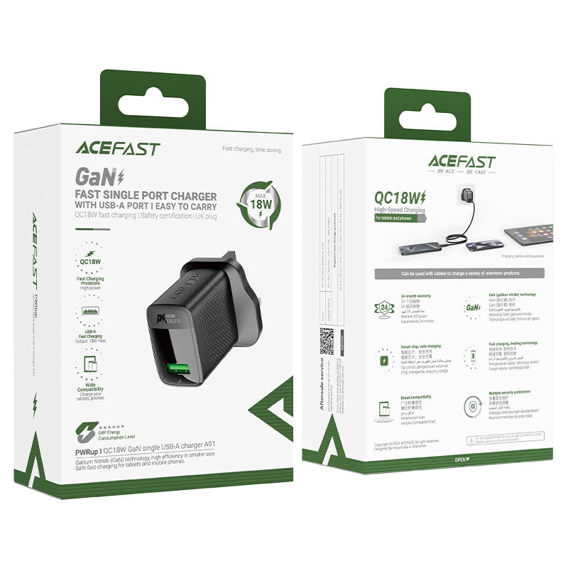 ACEFAST A91 QC GaN Single USB-A charger 18W Black