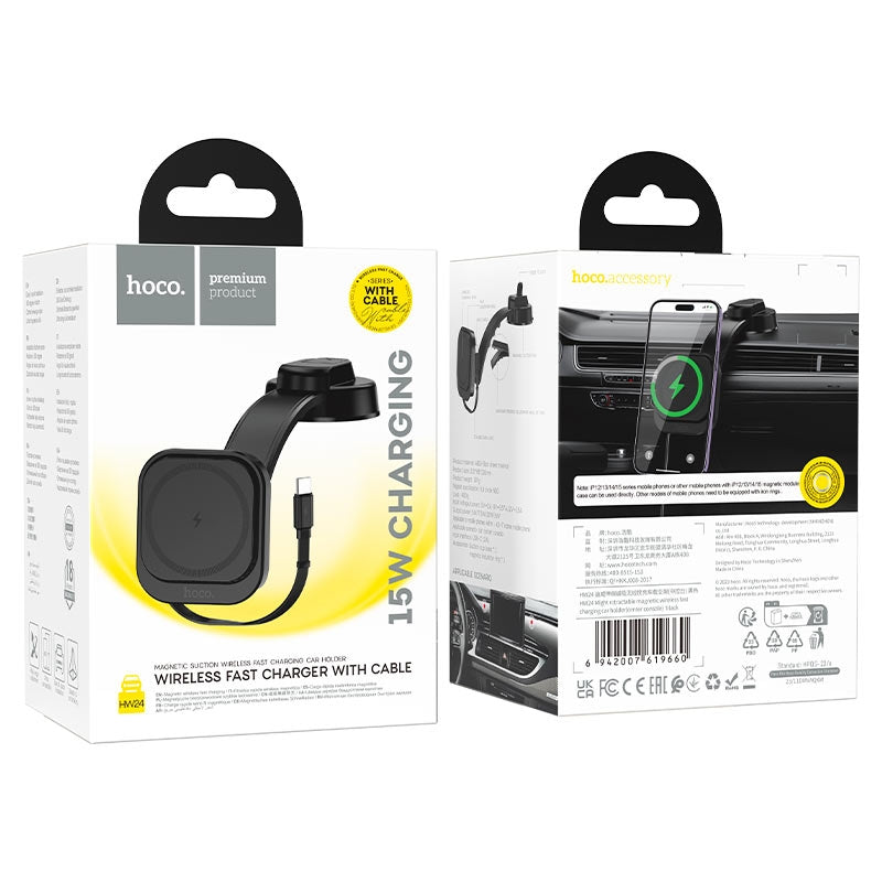 Hoco HW24 Retractable Dash Magsafe Wireless Fast Charging Car Holder With Built in Typec-C Cable Black
