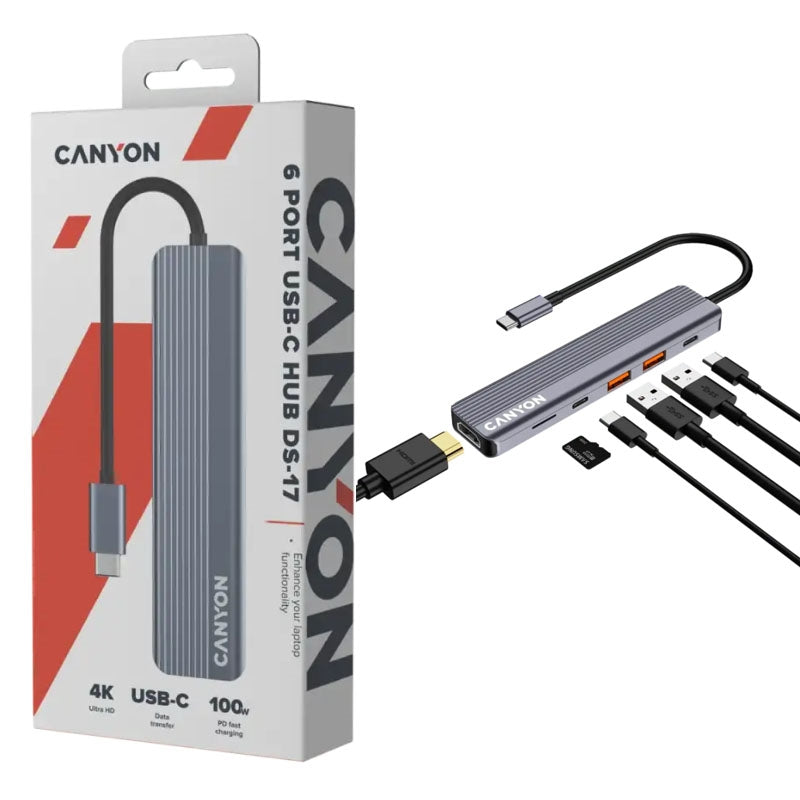 Canyon DS-17 6 Port 100W 4K Multiport USB-C HUB Grey