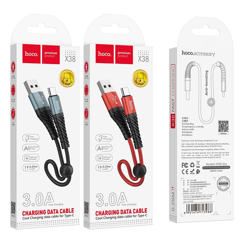 Hoco X38 Cool Type-C Charging Data Cable For Android 0.25M Black-www.firsthelptech.ie