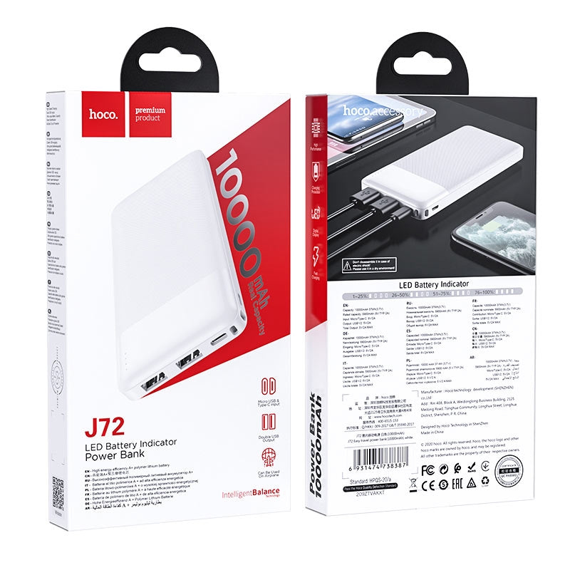 Hoco J72 Easy Slim Dual USB Travel Power Bank 10000 mAh White