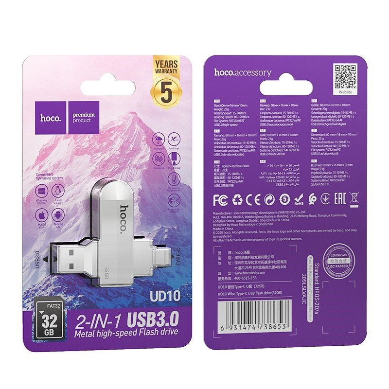 Hoco UD10 2 in 1 Type-C USB 3.0 Flash Drive 32 GB Metal Grey-www.firsthelptech.ie