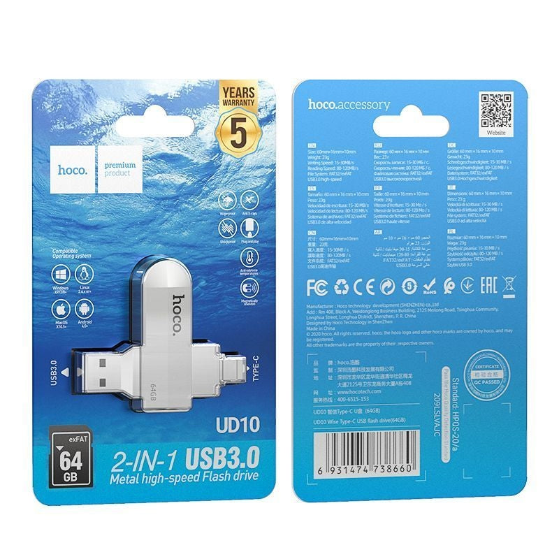 Hoco UD10 2 in 1 Type-C USB 3.0 Flash Drive 64 GB Metal Grey-www.firsthelptech.ie
