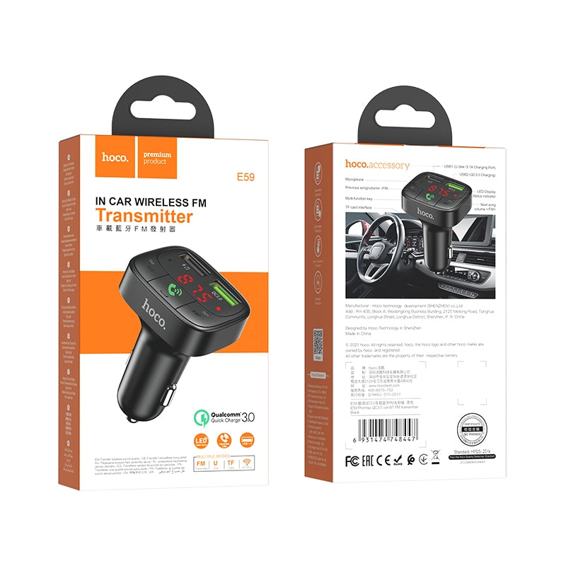 Hoco E59 Promise Dual USB QC 3.0 Bluetooth FM Transmitter Black-www.firsthelptech.ie