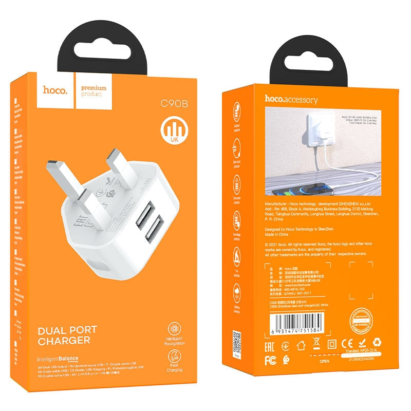 Hoco C90B Grandiose Dual Port Charger White-www.firsthelptech.ie