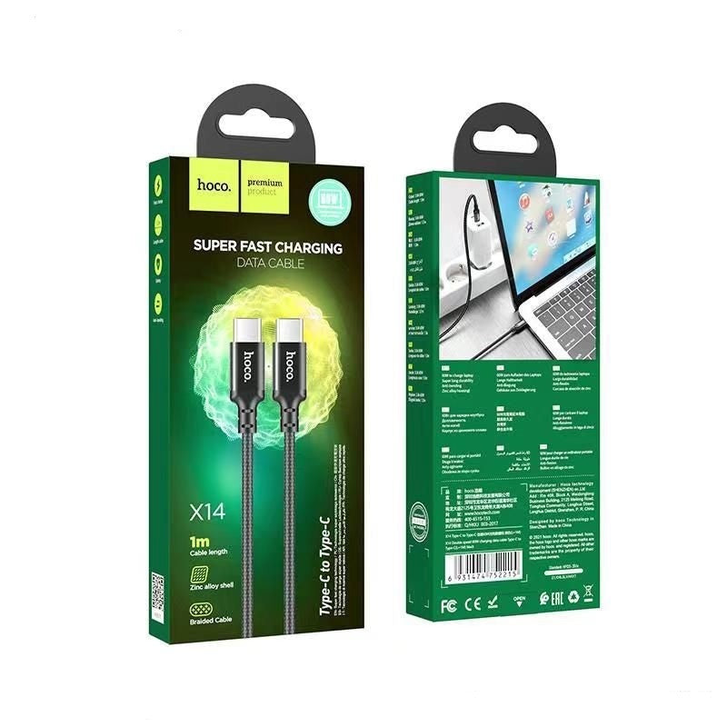 Hoco X14 Double Speed Type-C to Type-C 60W Charging Data Cable 1M Black-www.firsthelptech.ie