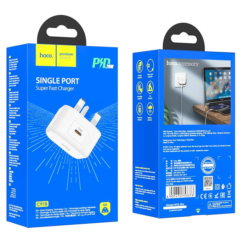 Hoco C91B Type-C 20W PD Power Adapter White-www.firsthelptech.ie