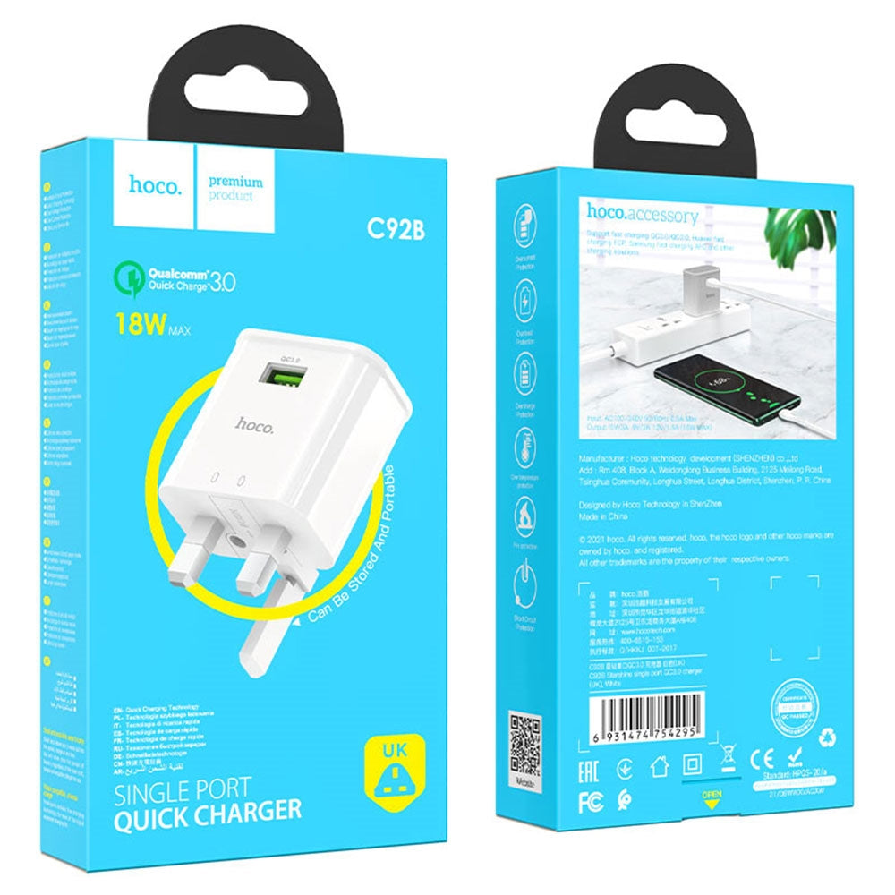 Hoco C92B QC 3.0 Single Port Charger White-www.firsthelptech.ie