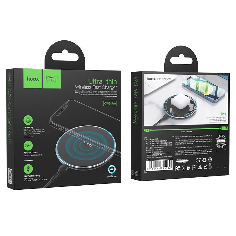Hoco CW6 Pro Easy Charging Wireless Fast Charger 15W Black-www.firsthelptech.ie