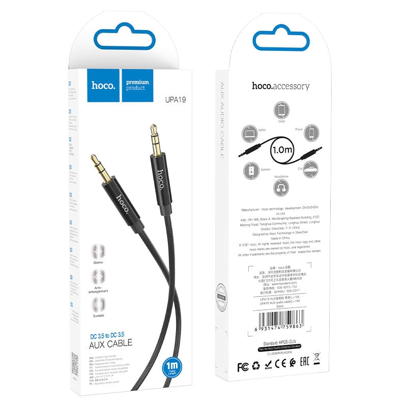 Hoco UPA19 Nylon Braid AUX Audio Cable 1M Black-www.firsthelptech.ie