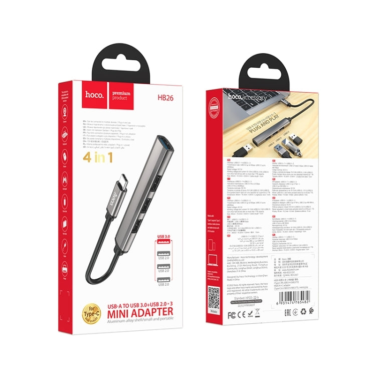 Hoco HB26 Aluminum Alloy 4 in 1 Type-C to USB3.0+ USB2.0*3 Adaptor Tarnish-www.firsthelptech.ie