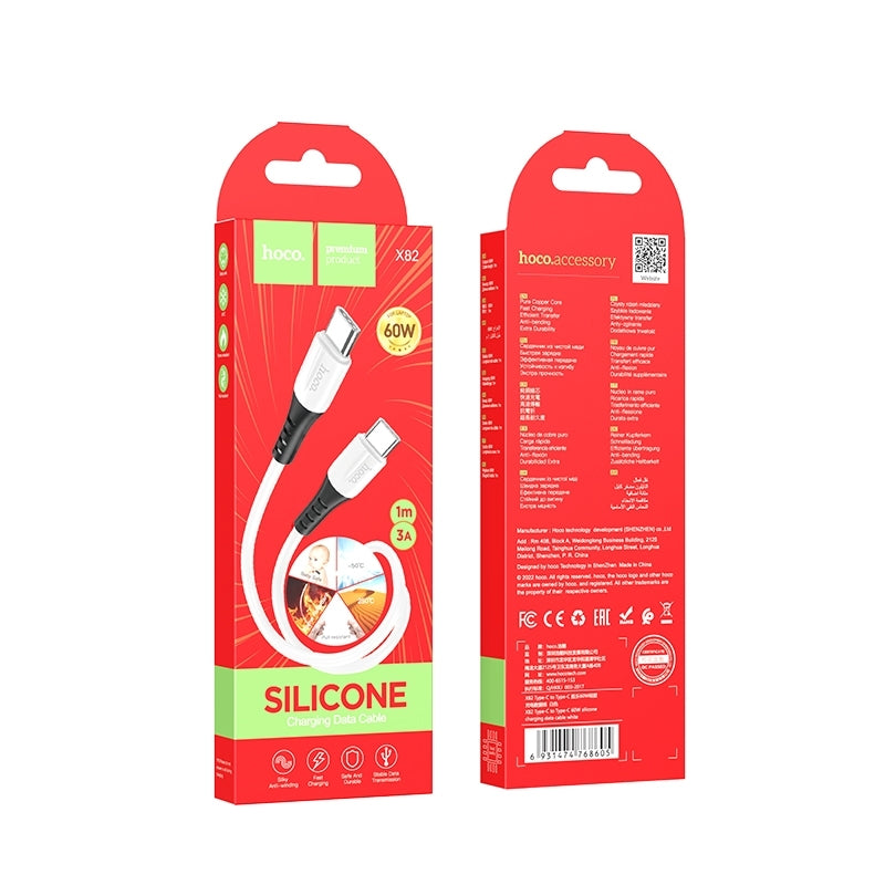 Hoco X82 Type-C to Type-C Silky Anti-Winding Silicon 60W Fast Charging Cable 1M Black-www.firsthelptech.ie