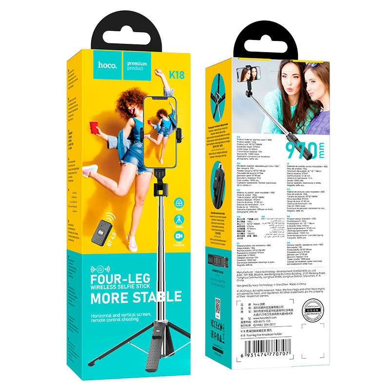 Hoco K18 Live Broadcast Wireless Tripod Selfie Stick Black-www.firsthelptech.ie