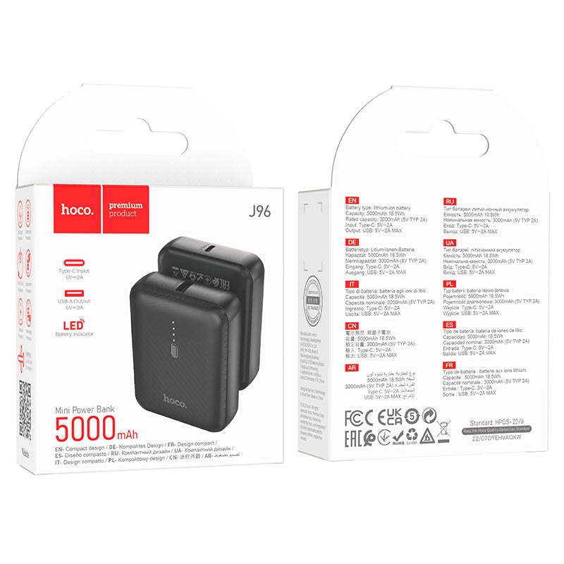 Hoco J96 Strider LED Indicator Mini Power Bank 5000 mAh Black-www.firsthelptech.ie