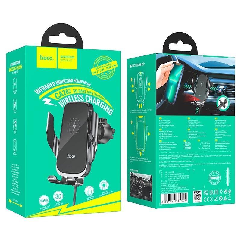 Hoco CA202 Enlightener Infrared Induction 15W Wireless Charging Car Holder Black-www.firsthelptech.ie