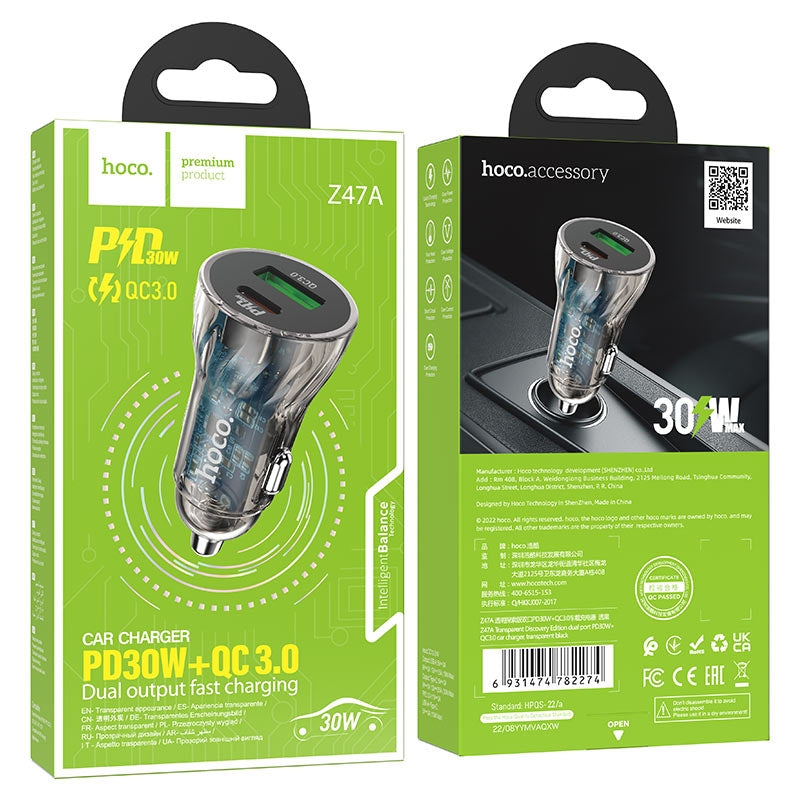 Hoco Z47A Transparent Discovery Edition Dual Port PD30W + QC3.0 Car Charger Black-www.firsthelptech.ie