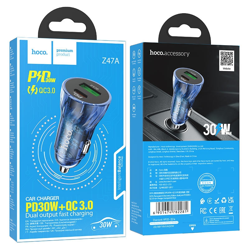 Hoco Z47A Transparent Discovery Edition Dual Port PD30W + QC3.0 Car Charger Black-www.firsthelptech.ie