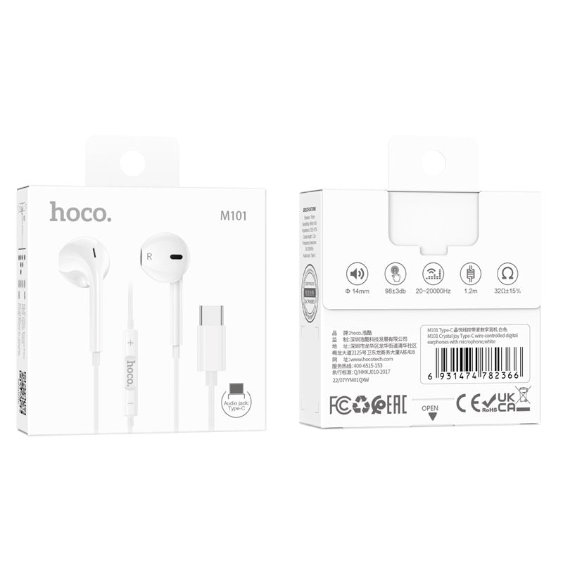 Hoco M101 Crystal Joy Type-C Wired Earphones White-www.firsthelptech.ie