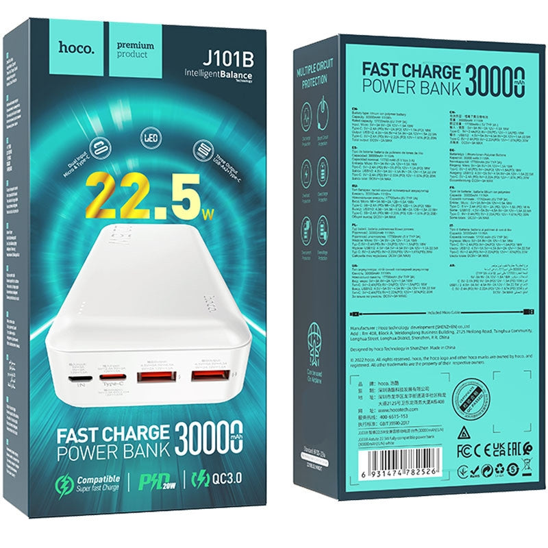 Hoco J101B Astute 22.5W fully compatible power Bank 30000 mAh White-www.firsthelptech.ie