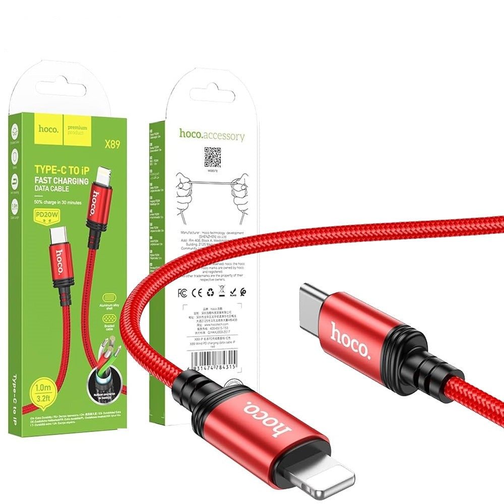 Hoco X89 PD Lighting Braided 20W Charging Cable L=1M Red-www.firsthelptech.ie