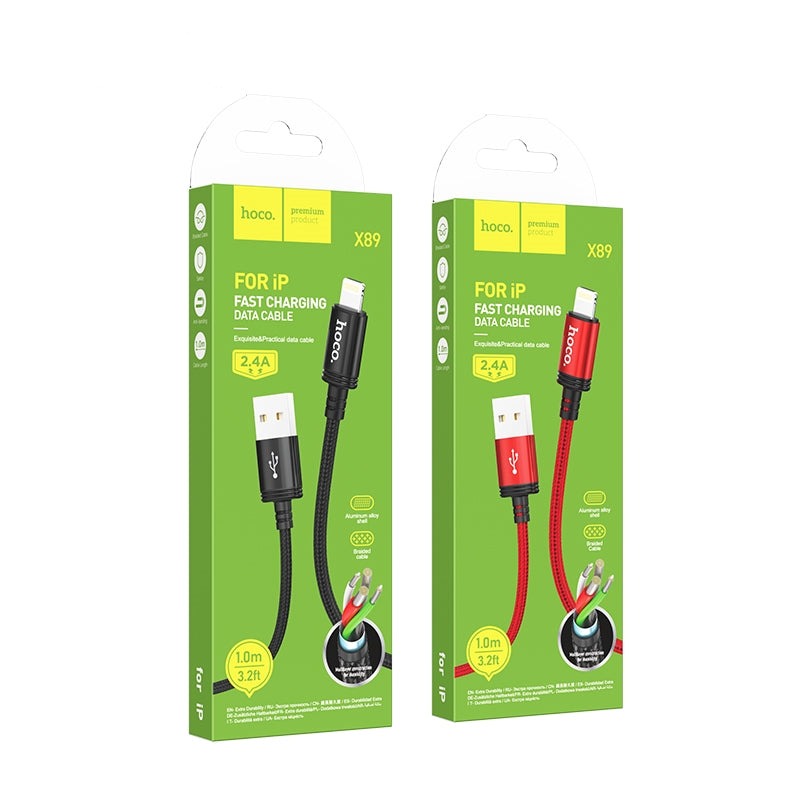 Hoco X89 Lightning 3.0A Braided Charging Cable 1M Black-www.firsthelptech.ie