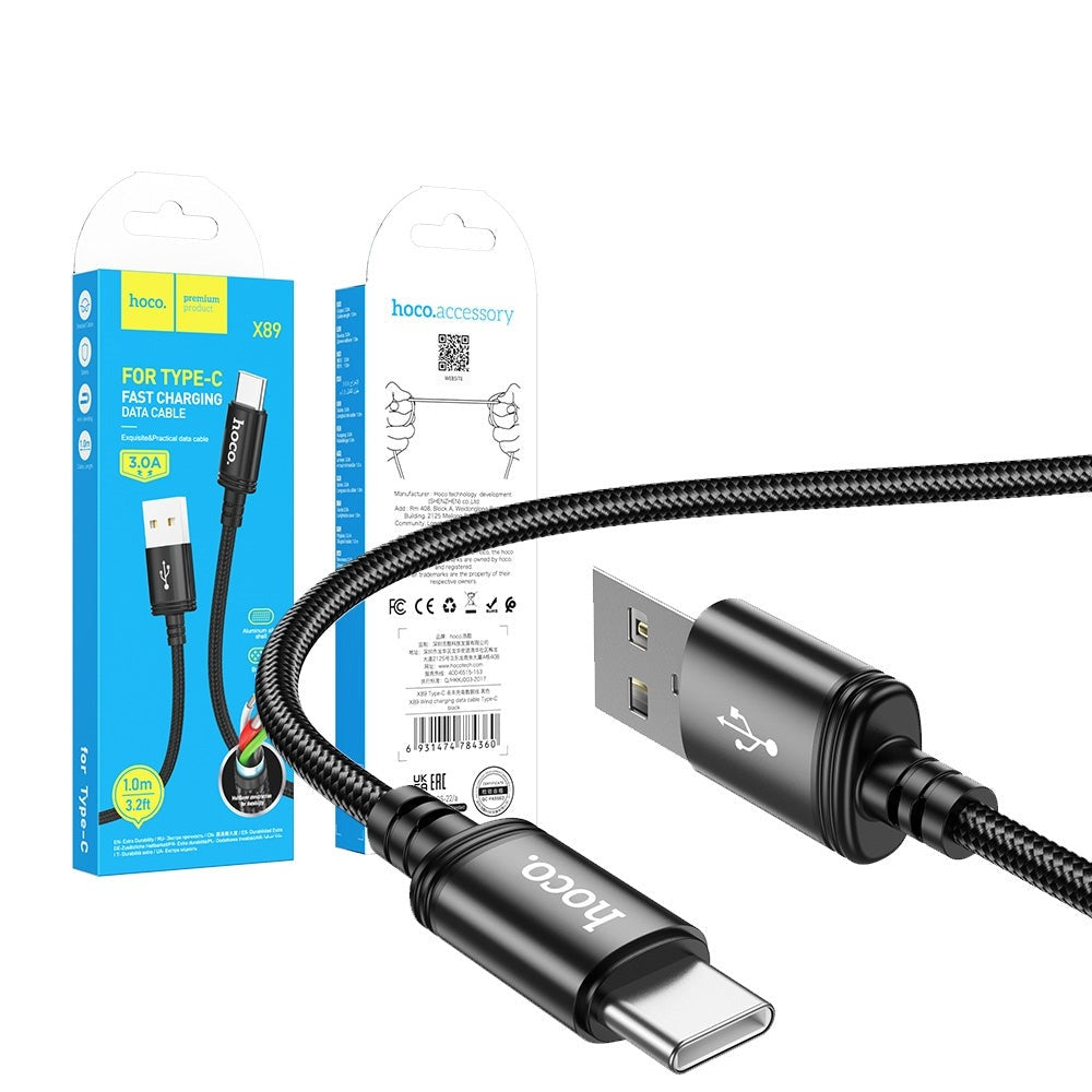 Hoco X89 Type-C Braided Charging Cable Black-www.firsthelptech.ie