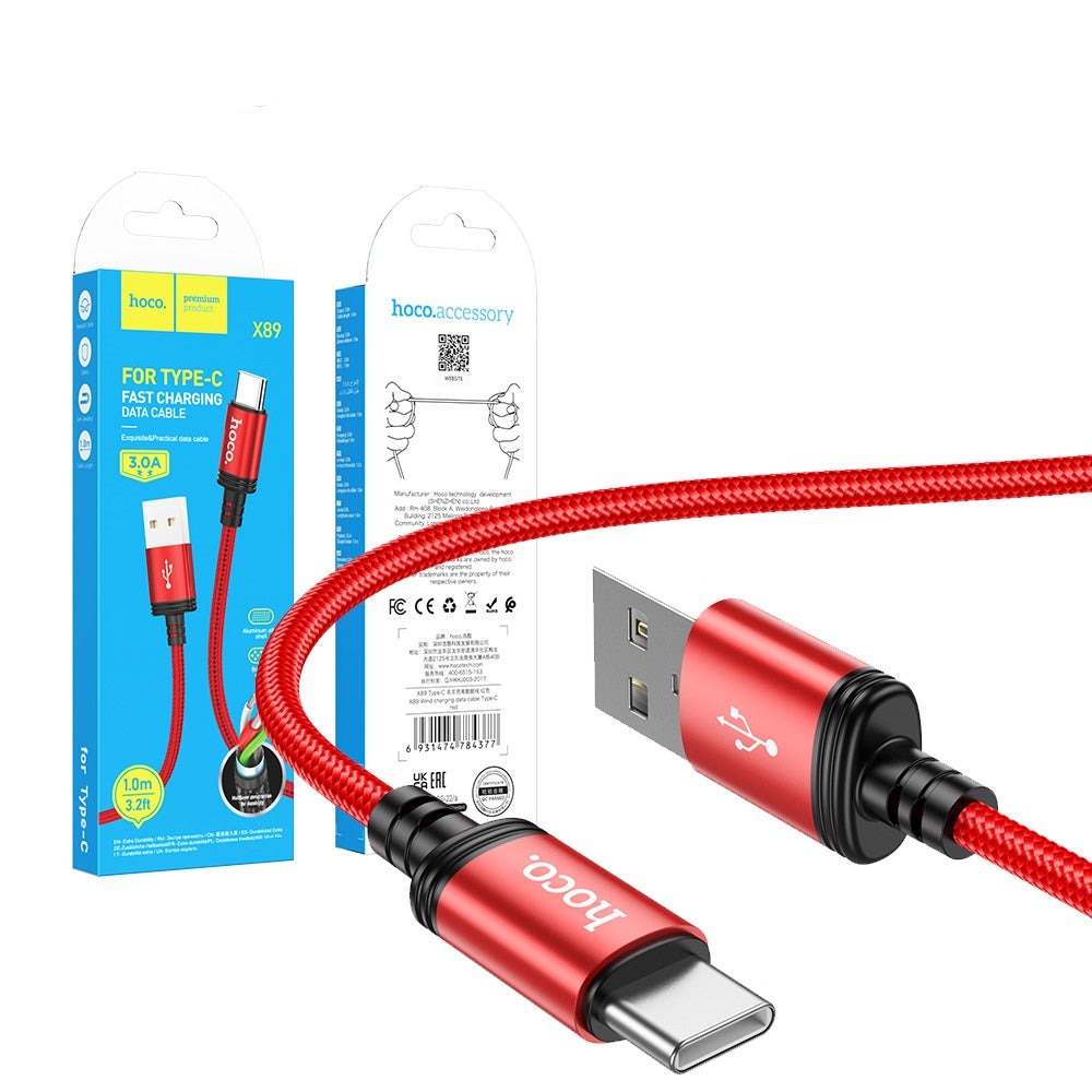 Hoco X89 Type-C Braided Charging Cable Red-www.firsthelptech.ie