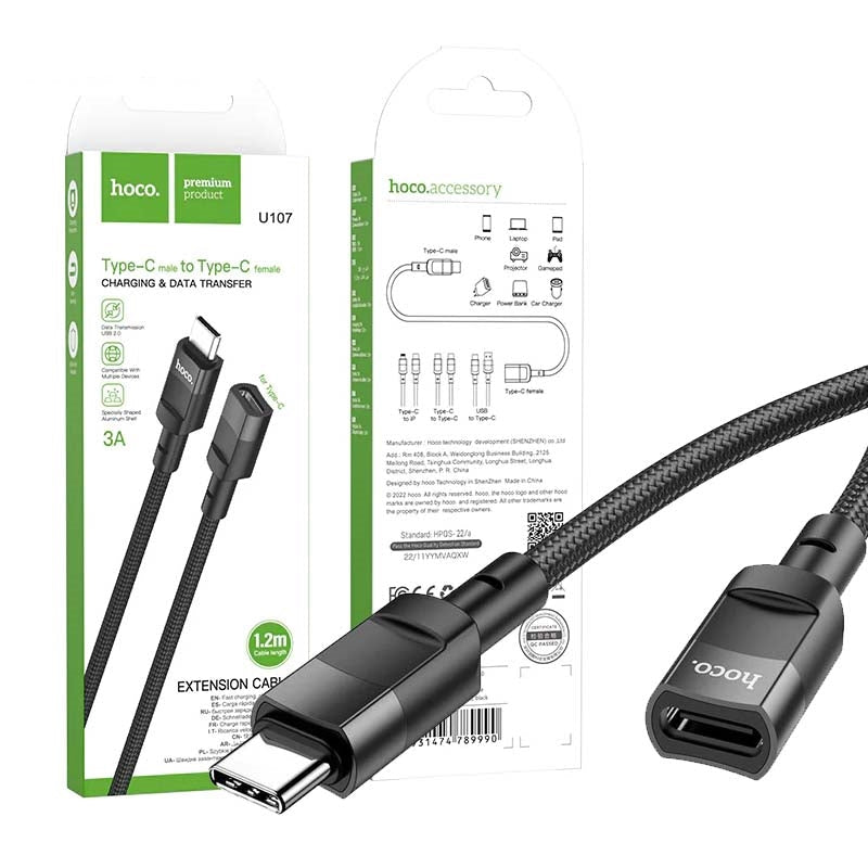 Hoco U107 Type-C Male To Type-C Female USB2.0 Extension Cable L=1.2m Black