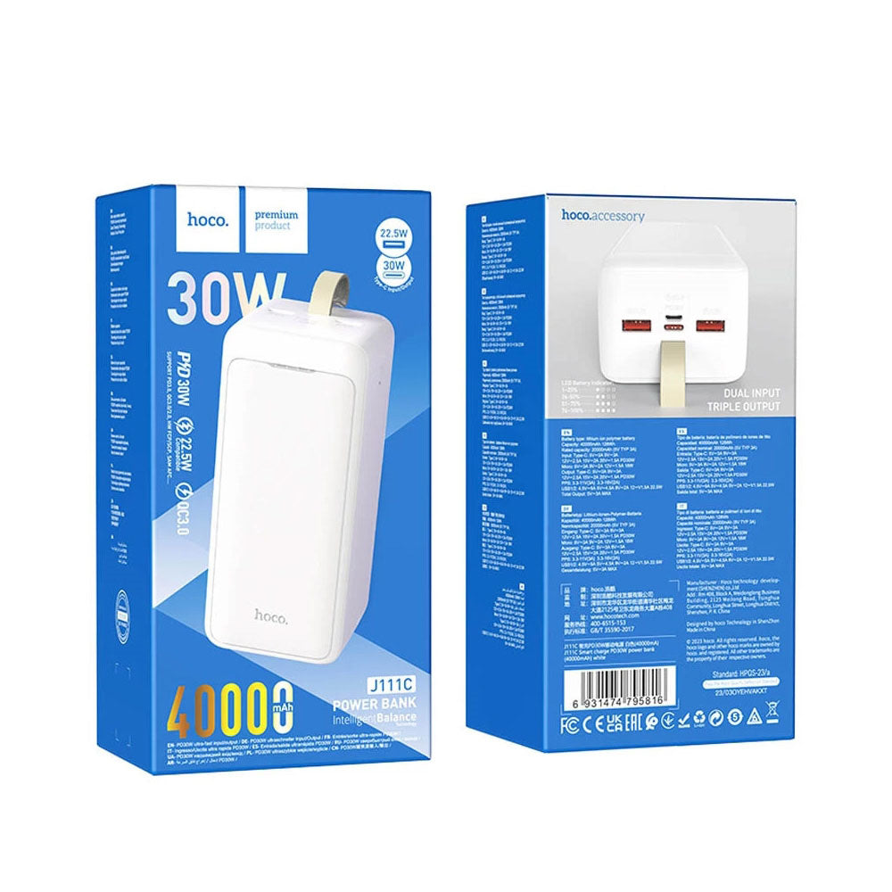 Hoco J111C Smart Charge Dual Out Power Bank PD30W 40000mAh White-www.firsthelptech.ie