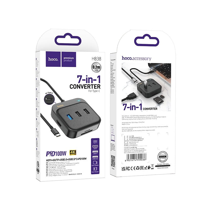 Hoco HB38 7-in-1 4K Ultra HD Converter HDTV+ SD/TF+ USB3+ USB2* 2+ PD100 100W Black-www.firsthelptech.ie