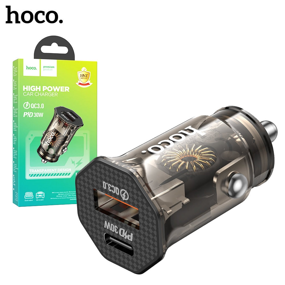 Hoco DZ16 Apex Dual-Port (Type-C+USB) PD30W+QC3.0 Car Charger Transparent Black