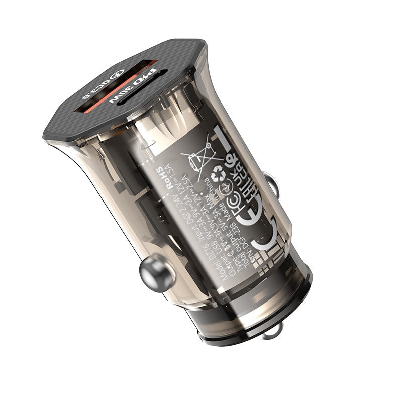 Hoco DZ16 Apex Dual-Port (Type-C+USB) PD30W+QC3.0 Car Charger Transparent Black