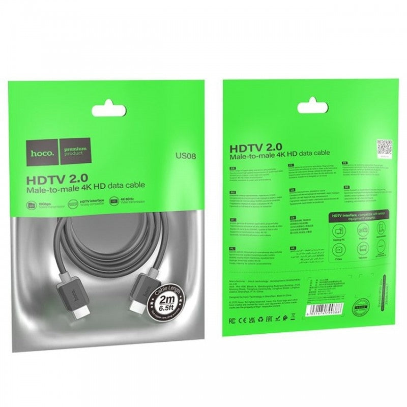 Hoco US08 HDTV 2.0 Male-to-Male 4K HDMI Cable 2M-www.firsthelptech.ie
