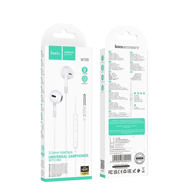 Hoco M109 Pure Joy Universal Earphone with Mic White-www.firsthelptech.ie
