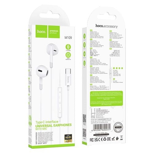 Hoco M109 Wired Type-C Earphone White-www.firsthelptech.ie