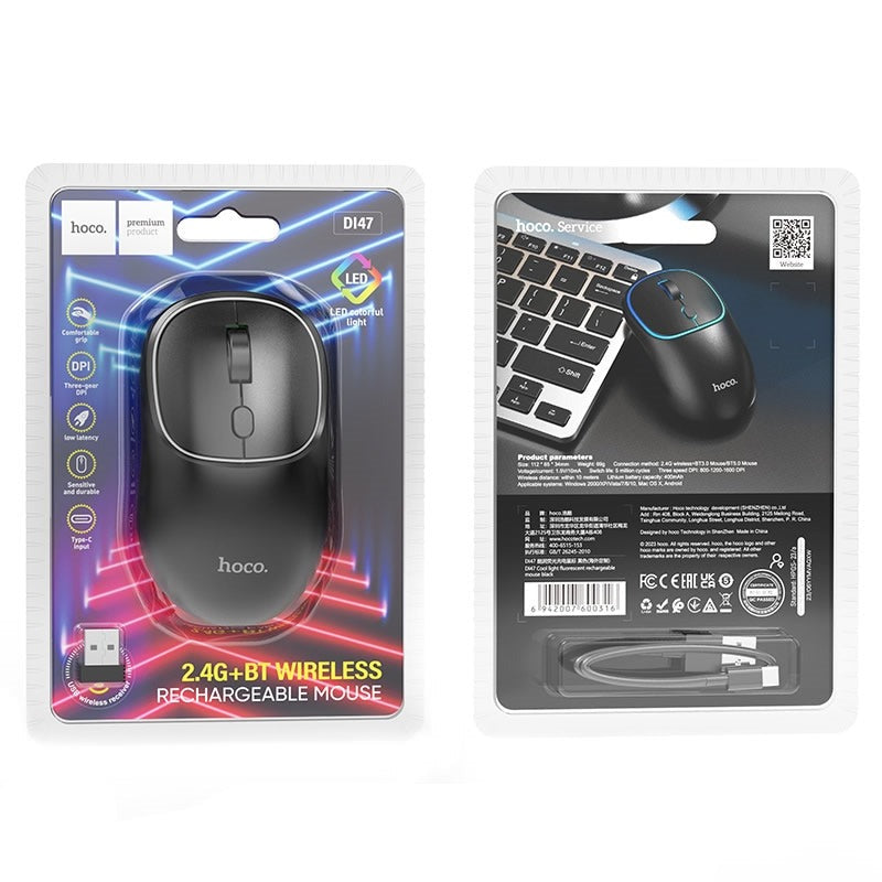 Hoco DI47 Cool Light Fluorescent Rechargeable Wireless Mouse Black-www.firsthelptech.ie