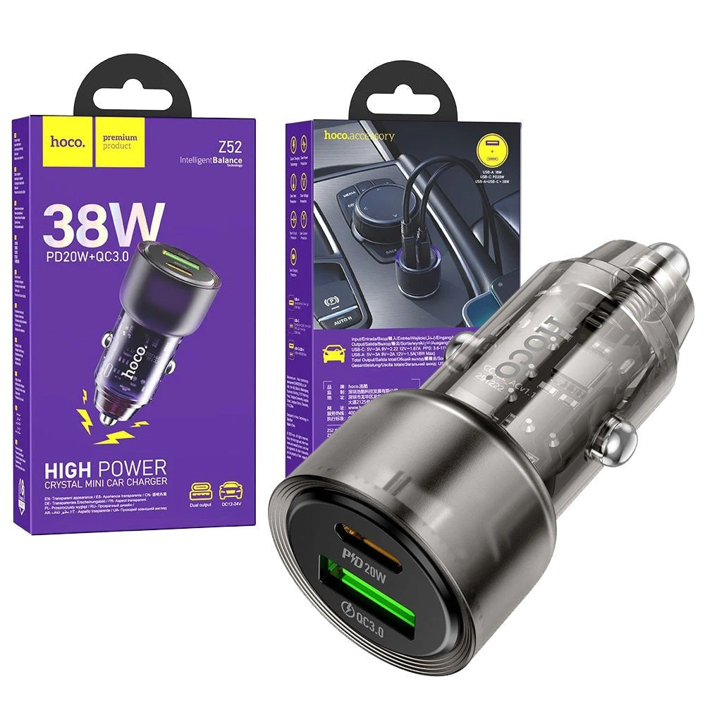 Hoco Z52 Spacious Dual Port USB + Type-C PD38W Car Charger Transparent Black-www.firsthelptech.ie