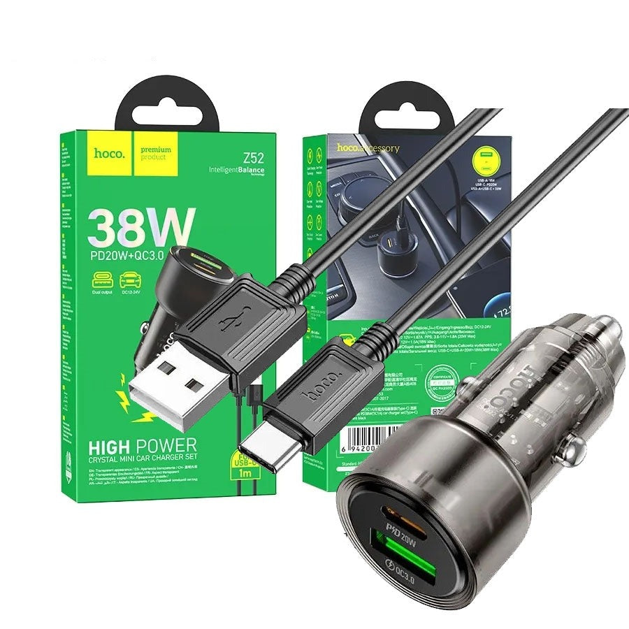Hoco Z52 Spacious PD38W 1C1A Car Charger Set Type-C Transparent Black-www.firsthelptech.ie
