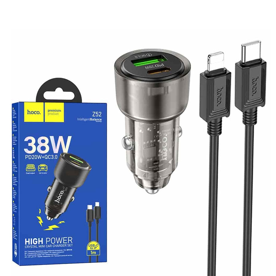 Hoco Z52 Spacious PD38W 1C1A Car Charger Set C To iPhone Transparent Black-www.firsthelptech.ie