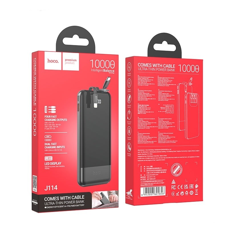 Hoco J114 Ultra Slim Built In Cable PowerBank 10000 mAh Black-www.firsthelptech.ie