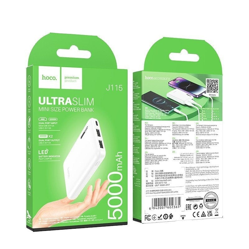 Hoco J115 Ultra Slim Mini Power Bank 5000 mAh White-www.firsthelptech.ie
