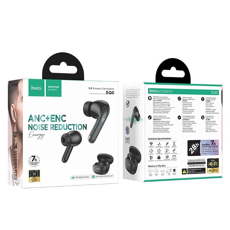 Hoco EQ5 Energy Active Noise Cancelling + ENC Bluetooth Earbuds Black-www.firsthelptech.ie