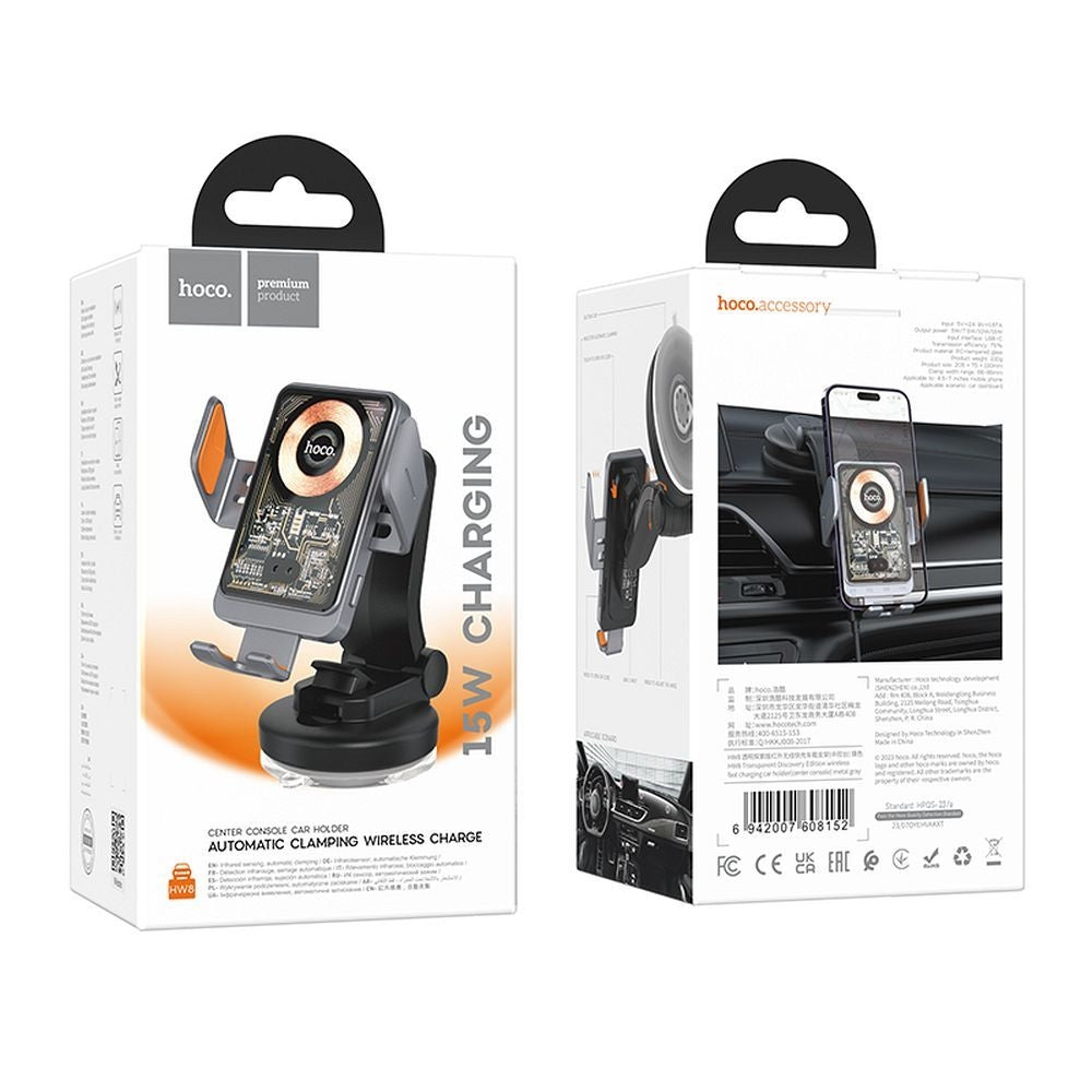 Hoco HW8 Automatic Clamping Dash & Glass Wireless Charging Phone Holder 15W-www.firsthelptech.ie