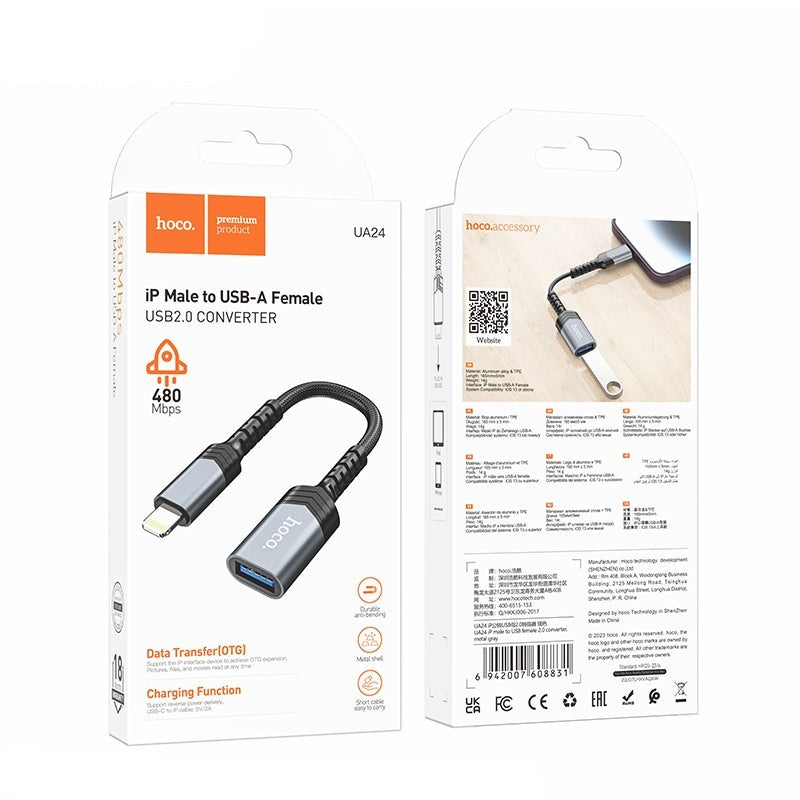 Hoco UA24 Braided iP Male to USB Female 2.0 Converter Metal Grey-www.firsthelptech.ie