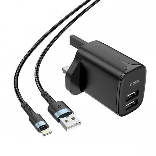 Hoco DC16 Dual Port Lightning Charger Set Black-www.firsthelptech.ie