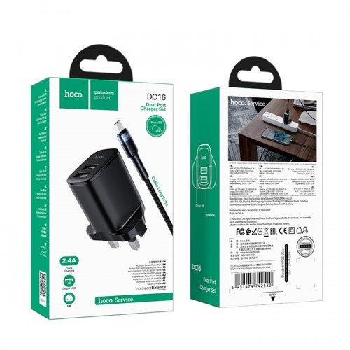 Hoco DC16 Dual Port MIcro Charger Set Black-www.firsthelptech.ie