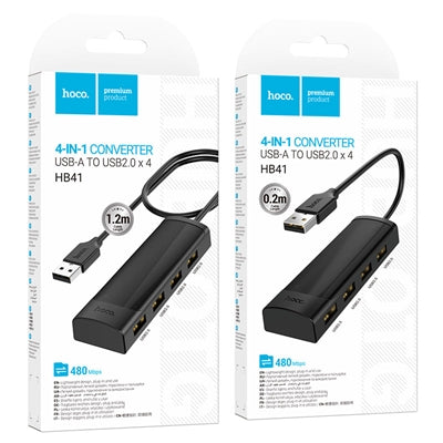 Hoco HB41 Easy Safety 4-in-1 Adapter USB to USB 2.0*4 Black