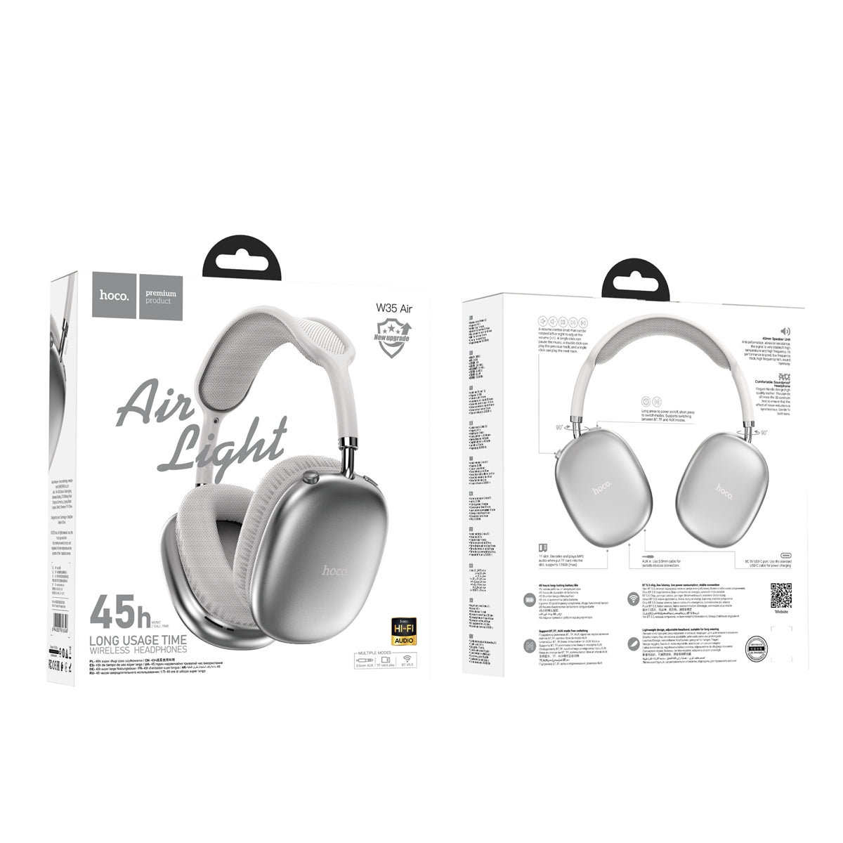 Hoco W35 Air Free 45h Wireless BT Built-in MP3 Headphone Silver