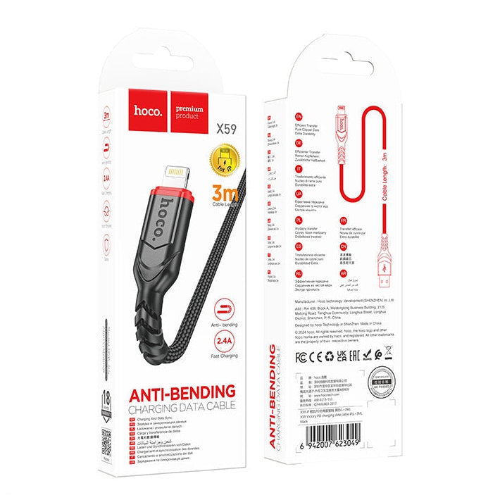 Hoco X59 Victory Lightning Charging Data Cable L=3M Black